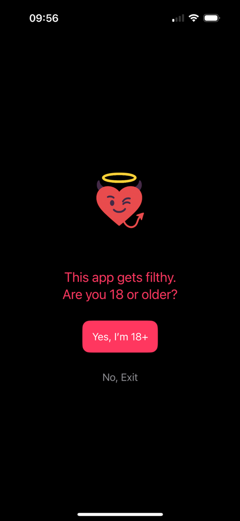 Sinners Whisper - Schermata di verifica dell'età dell'app Sinners Whisper con un'icona di cuore con un diavoletto che fa l'occhiolino e un pulsante per confermare di avere più di 18 anni.