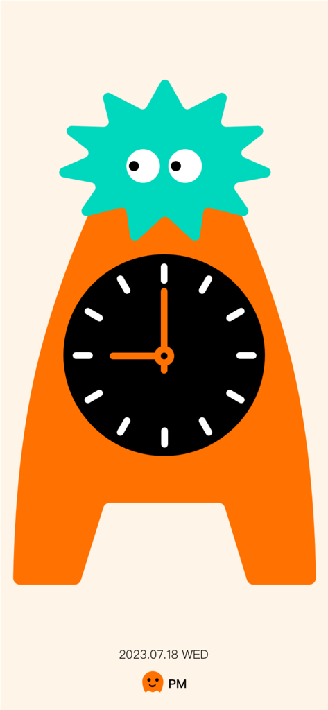 Clock Pocket:standby widget - A creative orange monster-shaped analog clock theme with a green spiky top and eyes.
