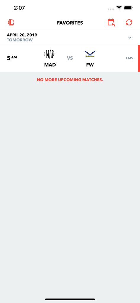Ein mobiler Bildschirm der LoL Esports Schedule App, der ein geplantes Lieblingsspiel zwischen den Teams MAD und FW für die LMS-Liga zeigt.