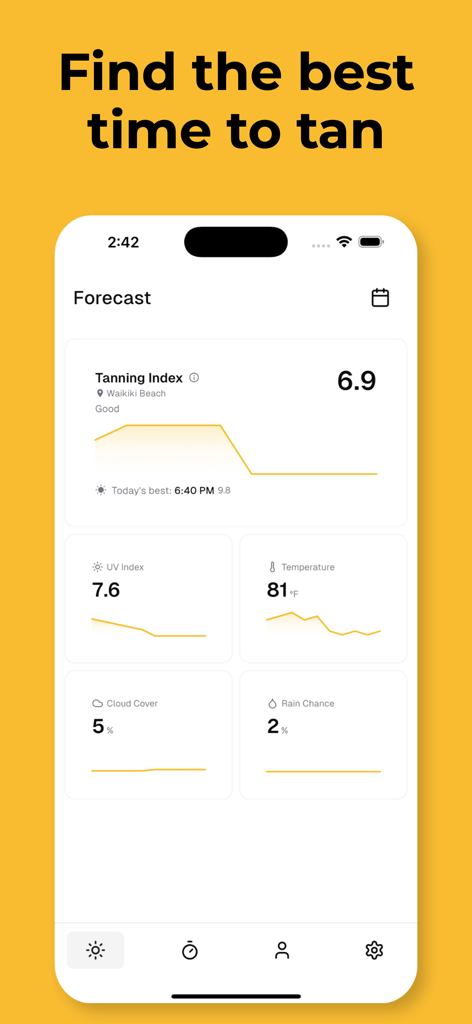 UV Tan: Tanning & Sun Tracker - UV Tan app screenshot displaying tanning index and UV index forecast