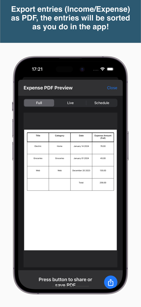 SimpleMoney - Una vista previa de un informe de gastos exportado en la aplicación SimpleMoney que muestra los gastos categorizados en una tabla.