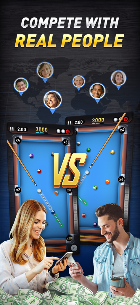 Pool Cash - 8 Ball Game - Two people playing an online 8-ball pool game on their phones to win cash prizes