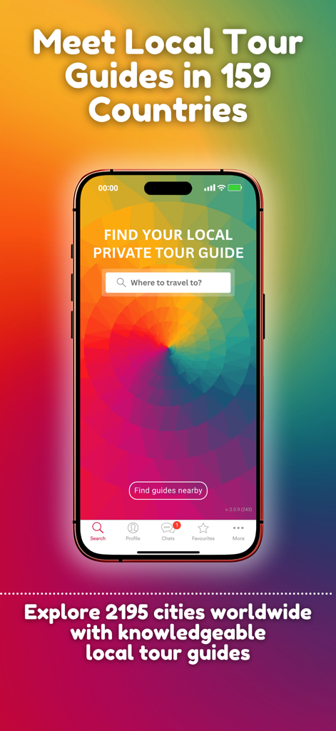 Private Guide World - Private Guide World app home screen displaying search for local tour guides in 159 countries