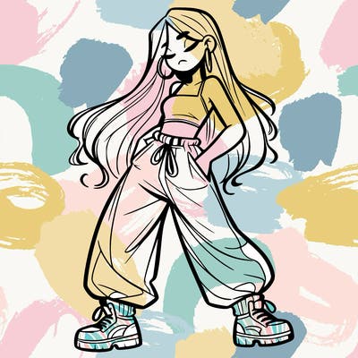 girl in baggy pants crop top and long hair