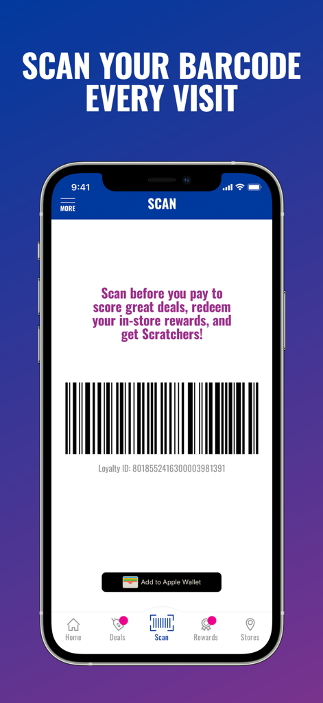 ampm - A mobile screen from the ampm app showing a loyalty barcode to scan at the store for rewards and deals.