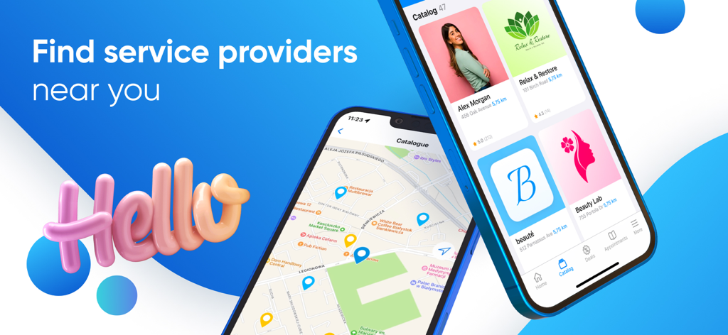 DIKIDI Online - Smartphones displaying DIKIDI Online app showing a map and a catalog of beauty service providers