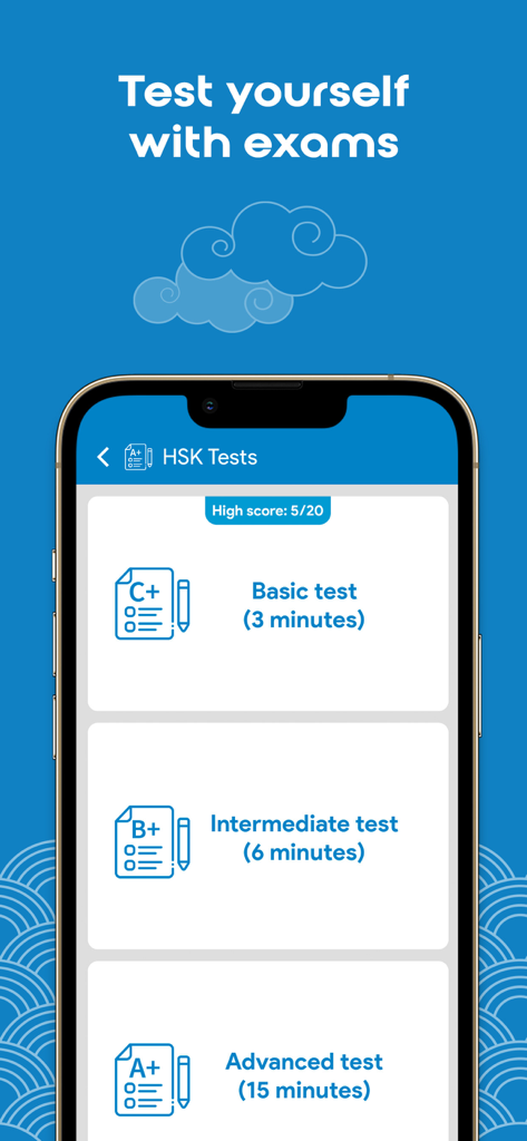 HSK3 Learn Chinese Chinesimple - Pantalla de la aplicación Chinesimple que muestra pruebas de práctica HSK básicas, intermedias y avanzadas