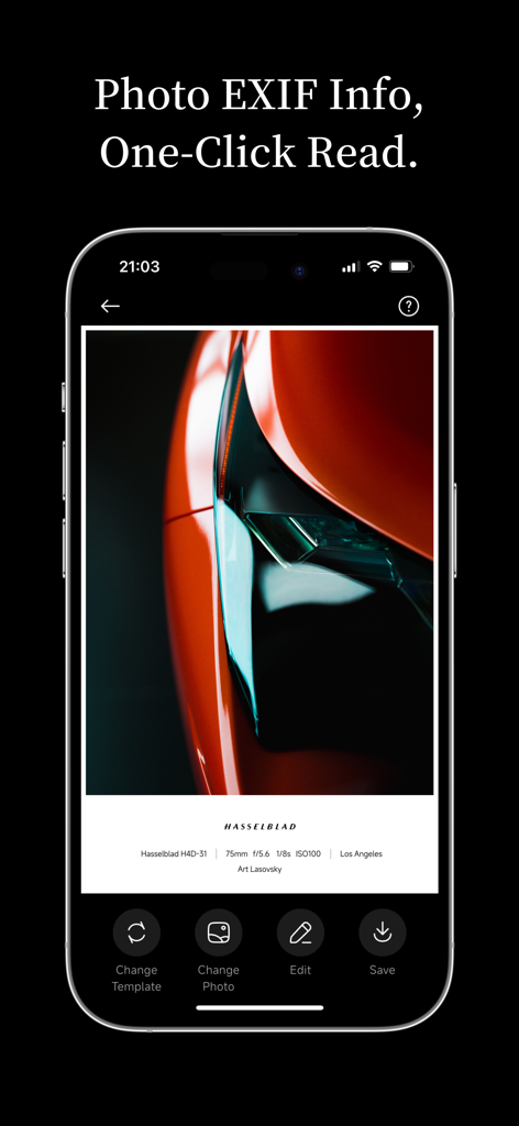 OneLine：EXIF Frame & Watermark - ハッセルブラッドのロゴとEXIFメタデータパラメータが付いた写真を表示するスマートフォンの画面