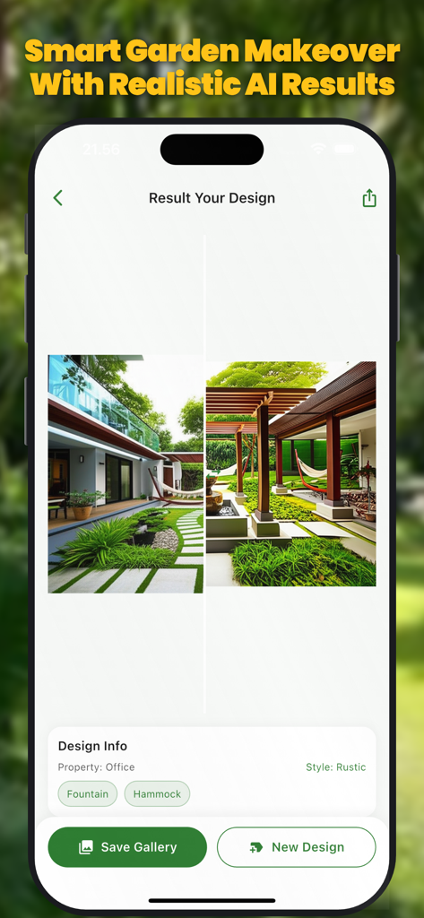 AI Garden Design landscape - Smartphone screen displaying a realistic AI garden makeover with rustic design elements like a pergola and hammock