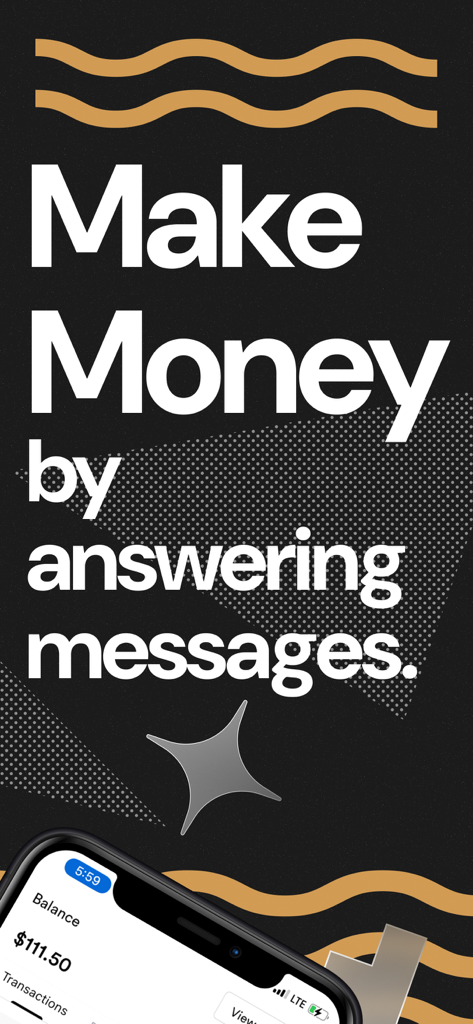 A promotional screen for Talkroom app with text stating make money by answering messages and showing a balance of 111.50 dollars