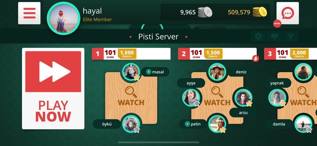 Game lobby of Pisti Online card game showing available tables and player avatars