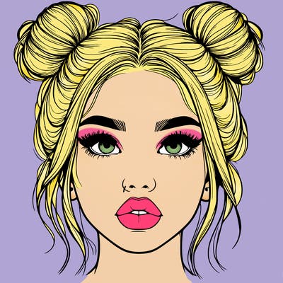realistic girl with two buns on her hair and lips