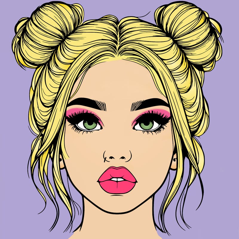 realistic girl with two buns on her hair and lips