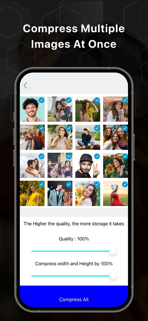 Photo Resizer & Compressor - Mobile app interface showing multiple selected photos for batch compression with quality and size sliders