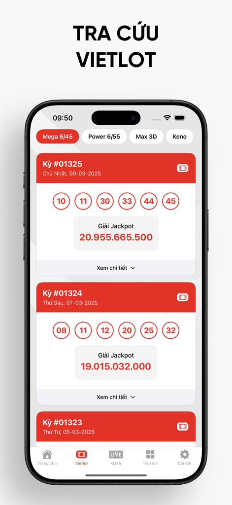 Xổ Số Live - Vietlott lottery results screen on Xo So Live mobile app showing Mega 6/45 winning numbers and jackpot prizes