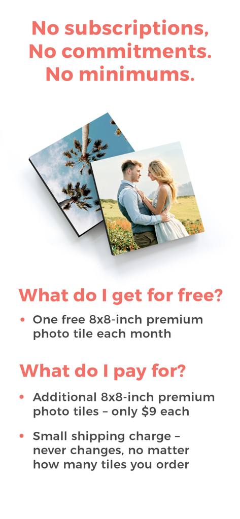 Graphic showing FreePrints Photo Tiles features including one free 8x8 premium tile per month and no subscriptions.