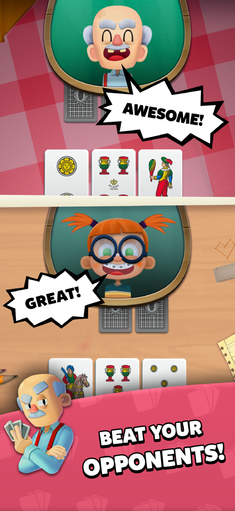 Scopa Dal Negro - Gioco mobile Scopa Dal Negro che mostra carte regionali e personaggi dei cartoni animati con fumetti