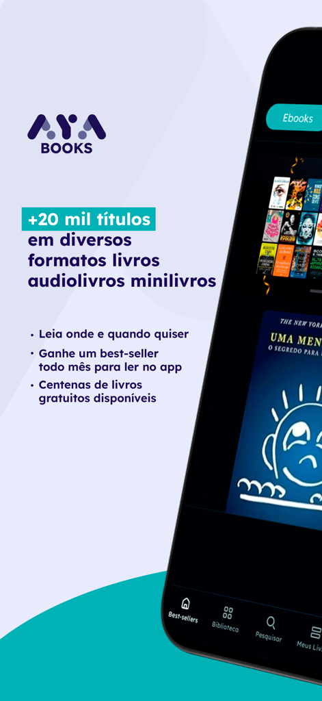 Aya Books: audiolivros, livros - Interfaz de la aplicación móvil Aya Books que muestra una amplia selección de libros electrónicos y audiolibros en portugués.