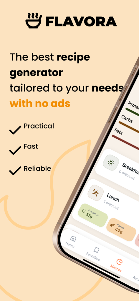 Flavora - Flavora app interface highlighting the ad-free recipe generator and macronutrient tracking for daily meals.
