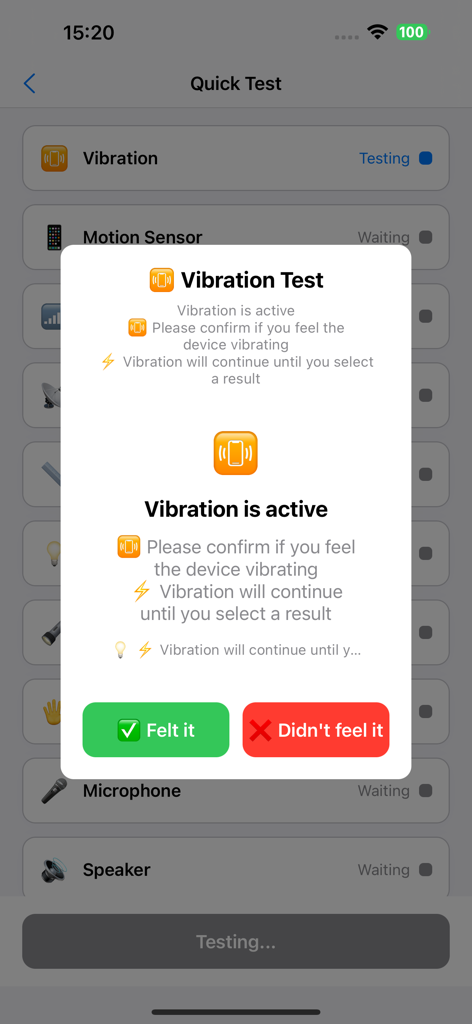 Phone Diagnostics Expert - Vibration test popup in Phone Diagnostics Expert app
