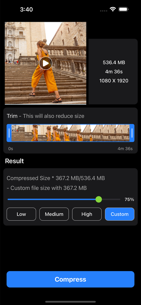 Video Compressor: Resize Video - Video compressor app screen showing video trimming and file size reduction options