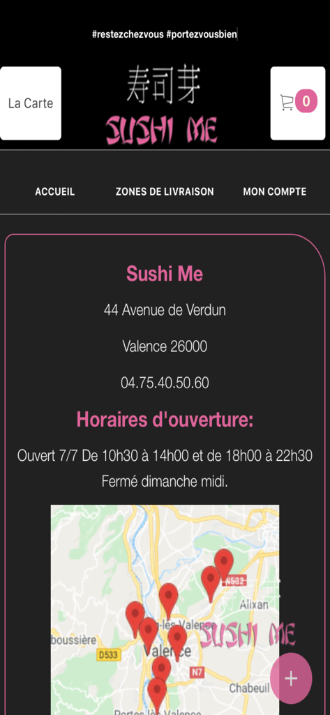 Schermata principale dell'app mobile Sushi Me che mostra indirizzo del ristorante, numero di telefono, orari di apertura e mappa di consegna
