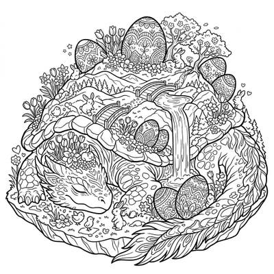Dive into a magical Easter scene featuring a gentle island-sized beast adorned with a festive spring landscape. This highly detailed coloring page combines fantasy and holiday charm, perfect for a relaxing and creative experience.