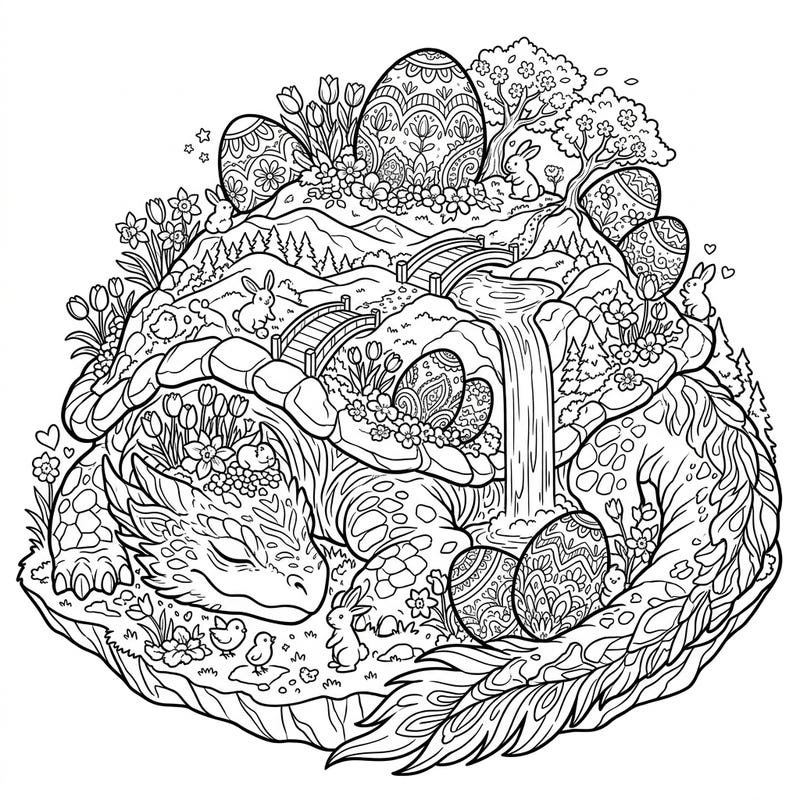 Dive into a magical Easter scene featuring a gentle island-sized beast adorned with a festive spring landscape. This highly detailed coloring page combines fantasy and holiday charm, perfect for a relaxing and creative experience.