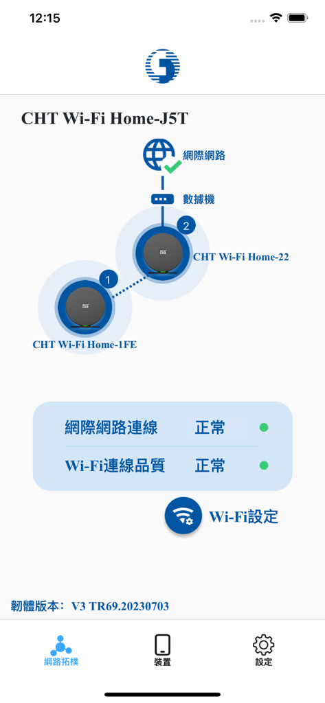 A graphical interface of the Chunghwa Telecom Home Wi-Fi app showing a mesh network topology and signal status.