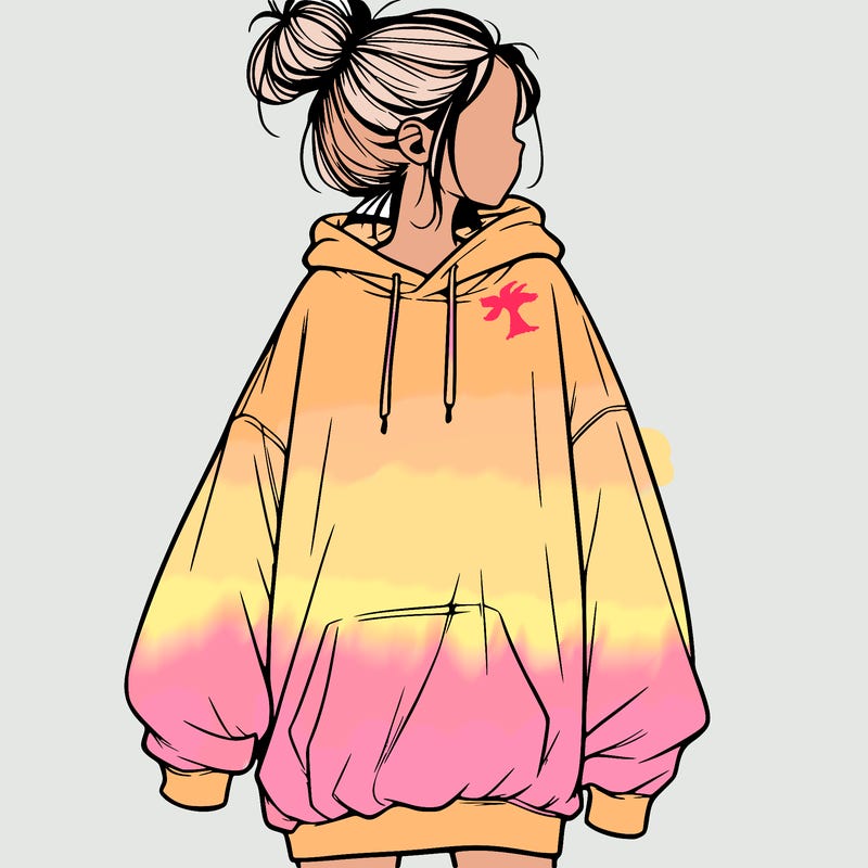 realistic girl with a oversized sweatshirt on and a bun