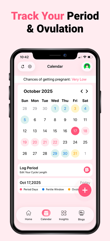 Ovulation Tracker & Calculator - Una interfaz de aplicación móvil que muestra un calendario de fertilidad con días de período codificados por colores y ventanas de ovulación para la planificación del embarazo.