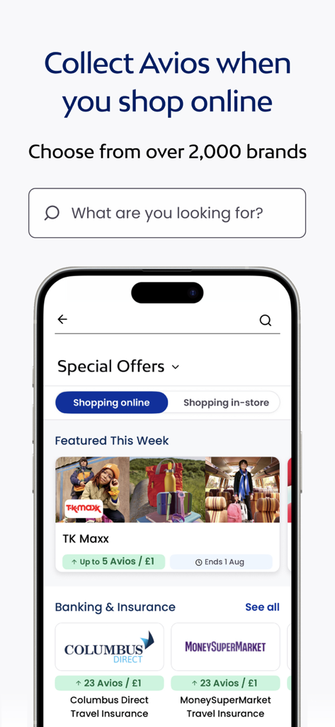 Avios: Shop, Collect & Travel - Aviosアプリのスクリーンショットで、オンラインショッピングのオファーと特典ポイントを獲得できる注目のブランドが表示されています