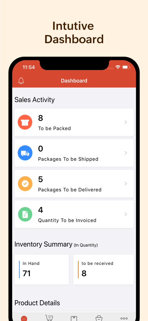 Dashboard view of the Zoho Inventory app showing sales activity and stock levels on an iPhone