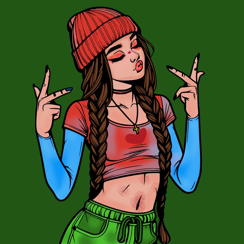 realistic teenage girl with braids and a beanie and crop top doing 🫶🏼