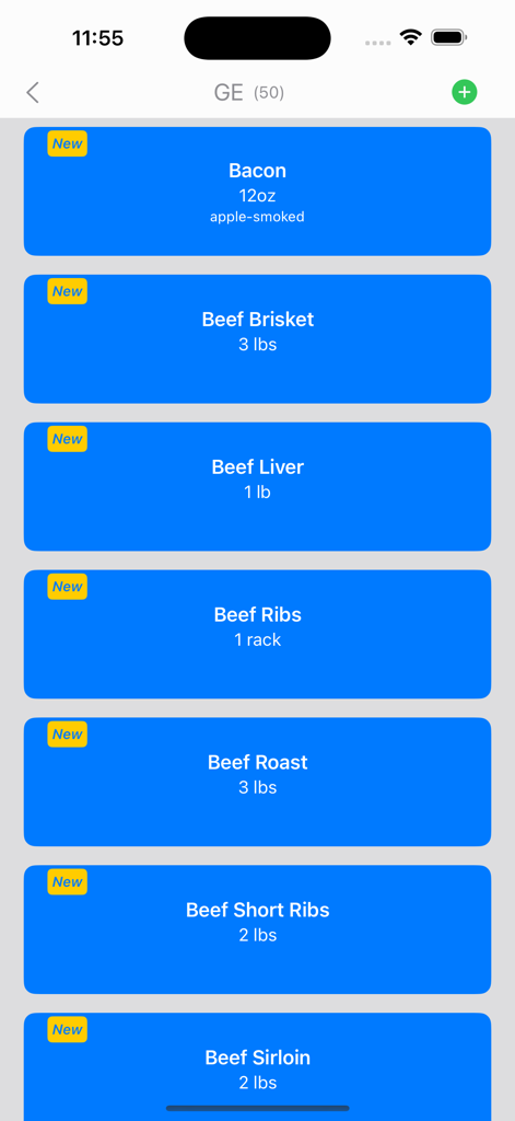 Visual Freezer Inventory - Lista de carnes congeladas almacenadas que incluyen tocino y cortes de ternera en la aplicación Visual Freezer Inventory.