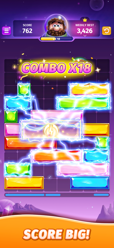 Jewel Sliding block puzzle gameplay showing a high combo score with electric effects on colorful gem blocks