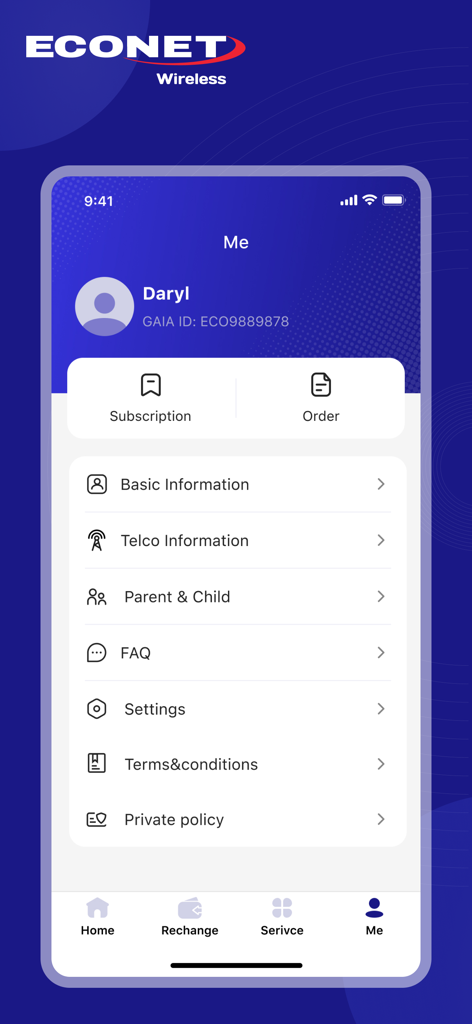 User profile screen in the My Econet app showing account information subscription and settings options