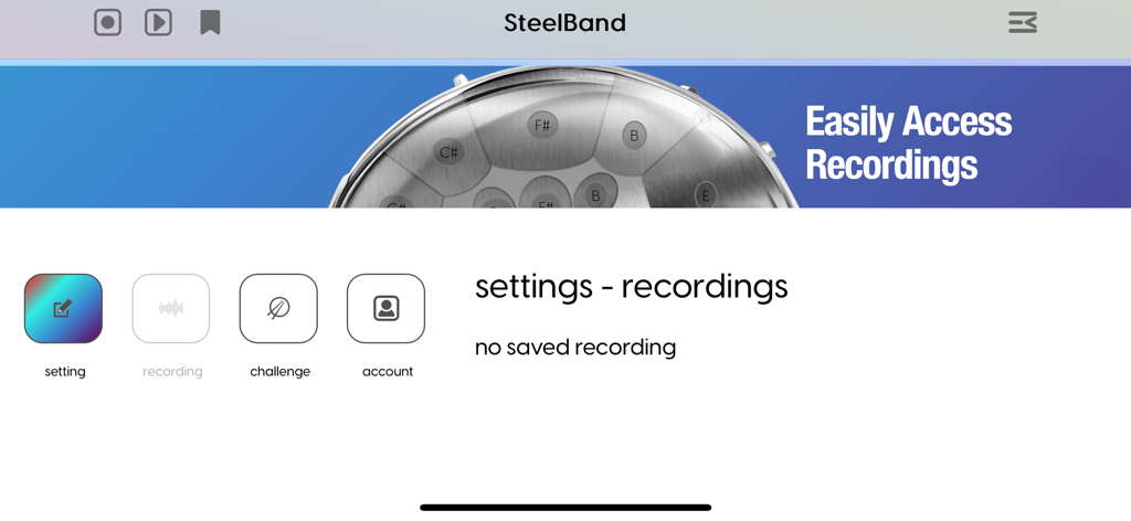Interface of the Steelband app showing the settings and recordings menu with a steel pan banner