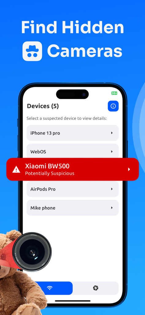 Hidden Camera Detector - CamX - CamX app interface displaying a list of detected devices with one suspicious camera identified and a teddy bear containing a hidden lens.