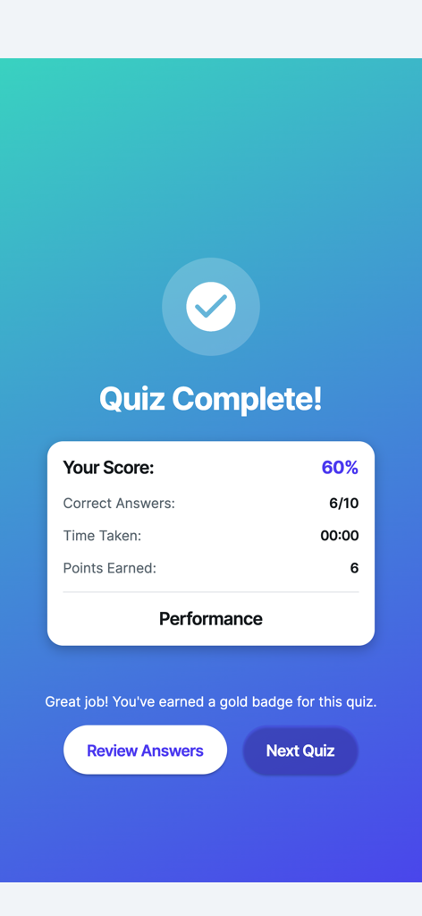 PrepForge - PrepForge app screen displaying quiz completion results with a sixty percent score summary
