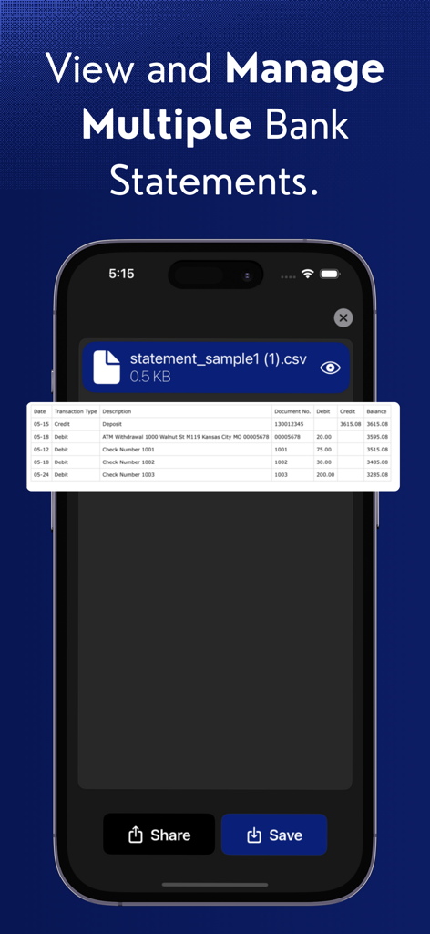 US PDF Bank Statements to CSV - A smartphone displaying a bank statement converted into a CSV table with share and save buttons
