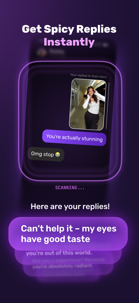 Flirt AI: Texting Assistant - Interface de l'application Flirt AI montrant une réponse charmante générée pour une conversation de rencontre