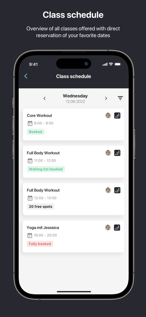 Un écran de smartphone montrant l'interface du calendrier des cours de l'application Jims avec des options de réservation pour diverses séances de fitness.