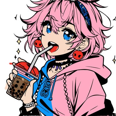 hot baddie anime girl drinking boba and biting the straw