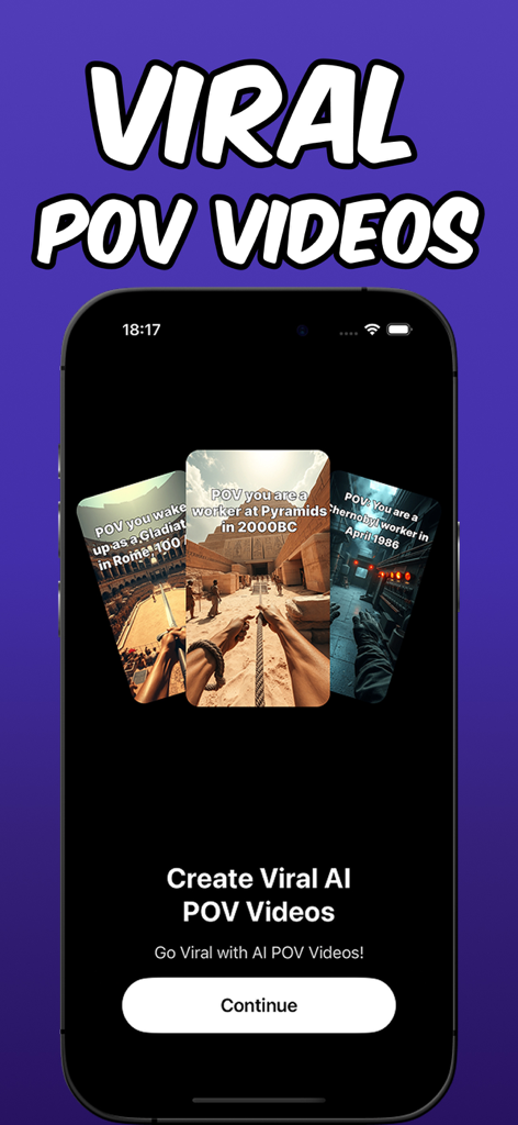 Faceless - AI Video Generator - App interface showcasing viral AI-generated POV videos of historical scenarios.
