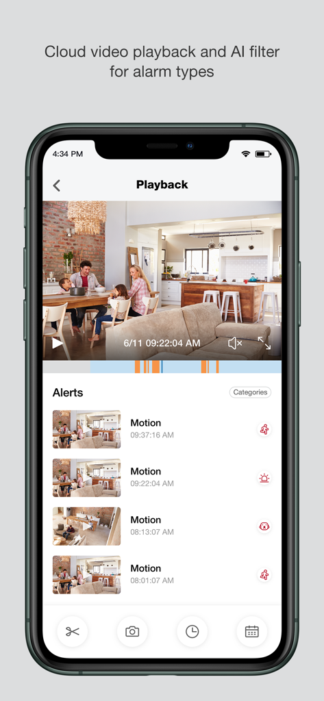 iSmartAlarm video playback interface showing home security footage and motion alerts