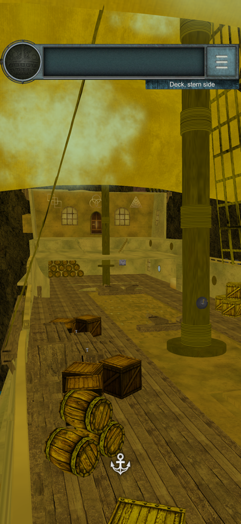 Cubierta de madera de un barco con barriles y símbolos misteriosos en Escape Game Castaway.