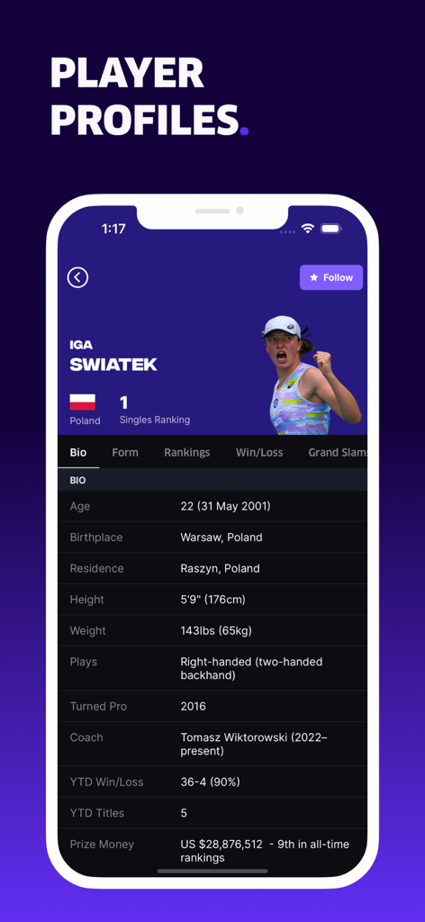 Detailed tennis player profile of Iga Swiatek in the TNNS app showing ranking and statistics