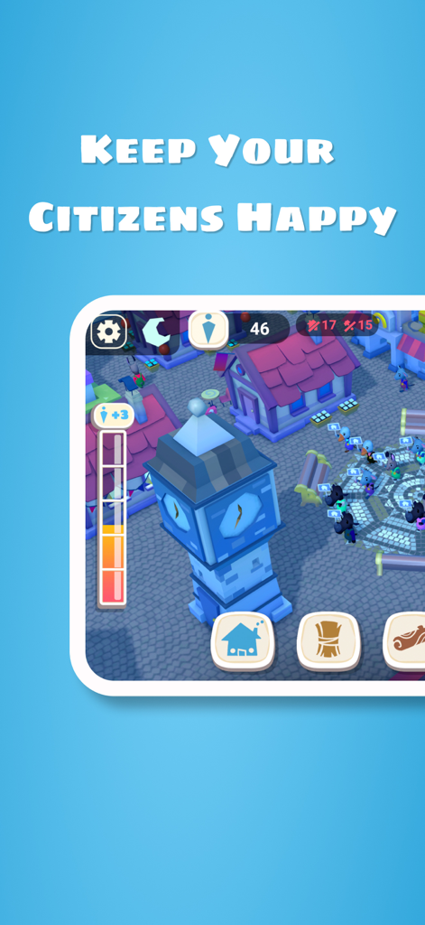 Mayority - Gameplay screenshot of Mayority showing a 3D city with a clock tower and a citizen happiness meter