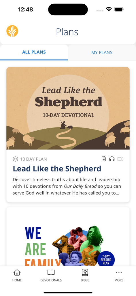 Our Daily Bread app interface showing a selection of biblical reading plans including a 10 day devotional titled Lead Like the Shepherd.